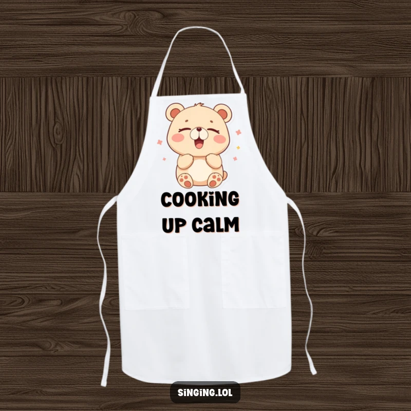 Funny apron featuring a happy bear humming contentedly with closed eyes, ideal for peaceful cooking.