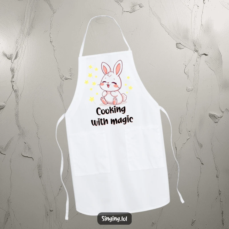 Funny Apron showing a giggling bunny character harmonizing with glowing fireflies, perfect for cooking and baking with enchantment.