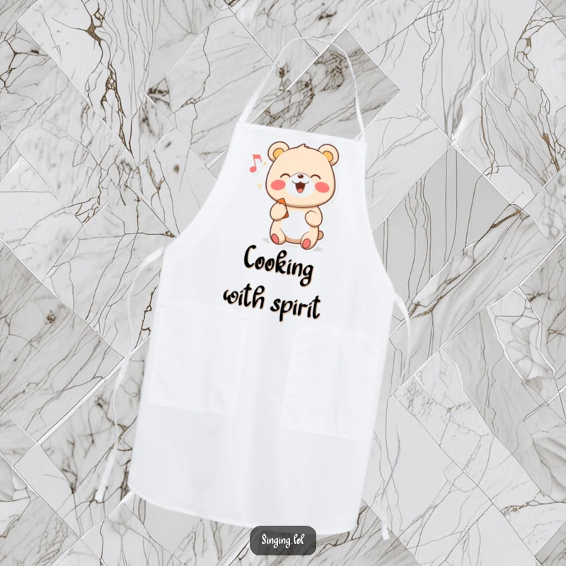 Funny kitchen apron featuring a cheerful cartoon bear character singing with a musical note, ideal for cooking.