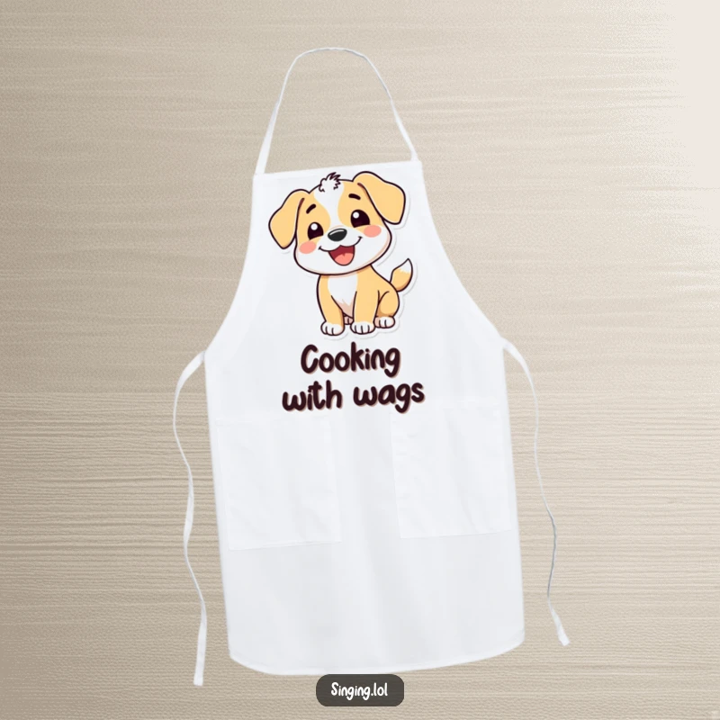 Funny apron showcasing a happy puppy character with a wide grin and wagging tail, perfect for adding canine humor to any kitchen task.