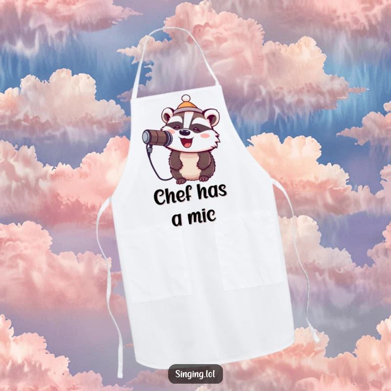 Funny apron showcasing a cheerful badger in a tiny hat singing into a microphone, perfect for a musical cooking experience.