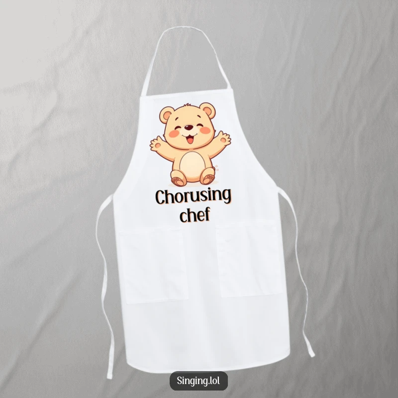 Funny happy bear cub character with open arms, joining a chorus, illustrated on a practical and humorous kitchen apron.
