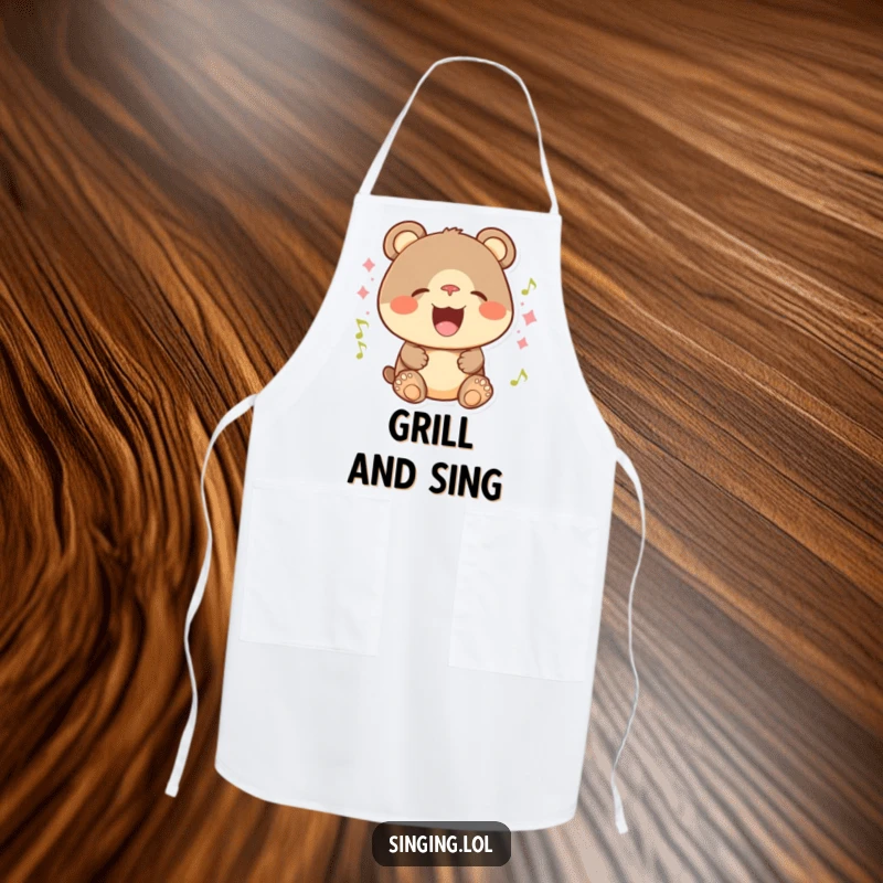 Funny apron with a cheerful bear cub character smiling widely and singing with vibrant energy.