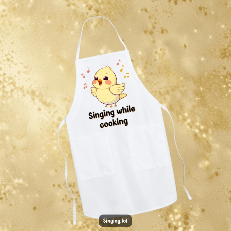 Funny apron showcasing a happy little bird chirping loudly surrounded by music notes, perfect for a cheerful kitchen.