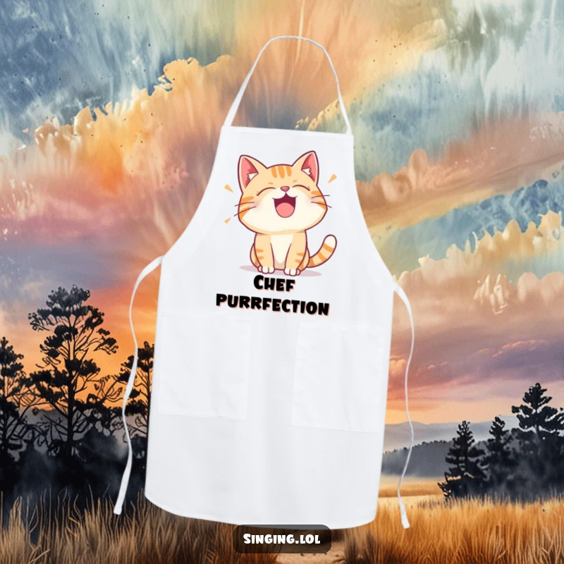 Funny apron showing a happy cat character making a vocal trill, a fun kitchen accessory for cat lovers.