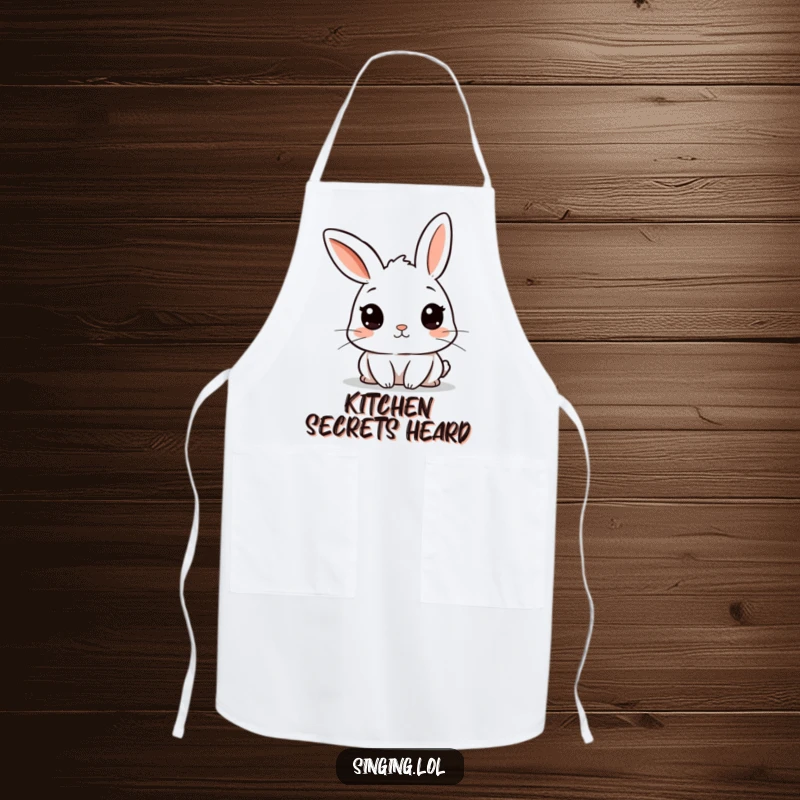 Funny apron showing a curious rabbit character with twitching ears, perfect for a kitchen listener with a sense of humor.