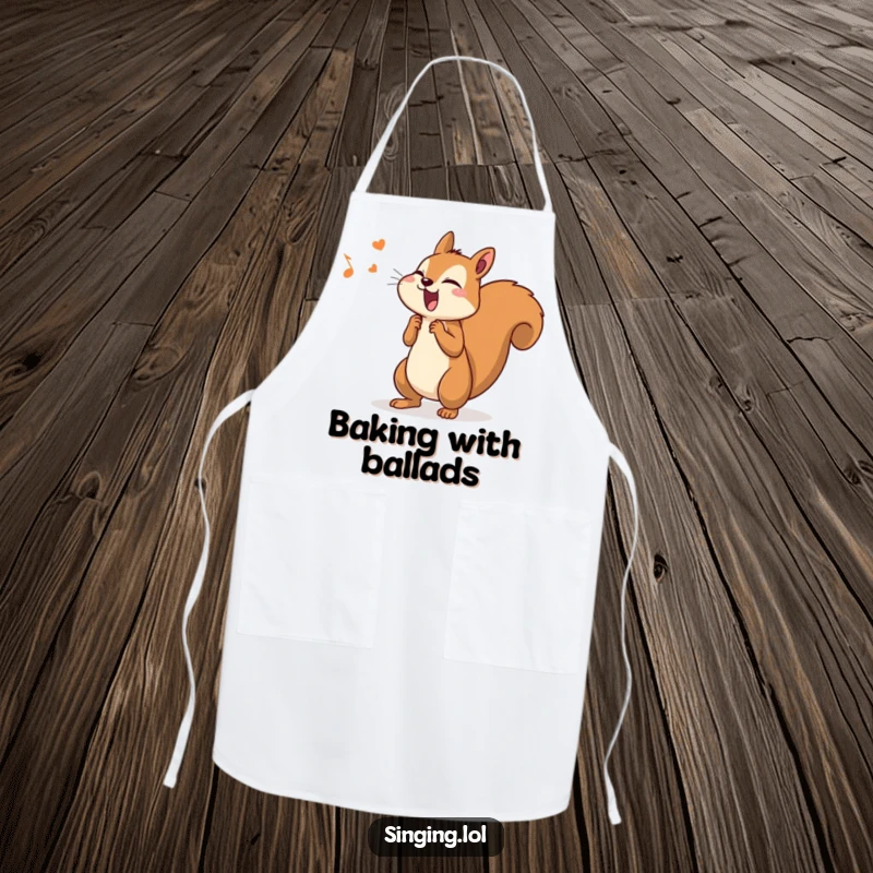 Funny apron featuring a determined squirrel singing loudly with its tail wagging, ideal for kitchen concerts.