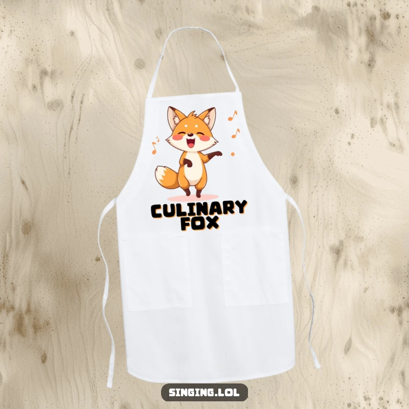 Funny fox apron with a playful character dancing while singing a silly song, ideal for kitchen fun.
