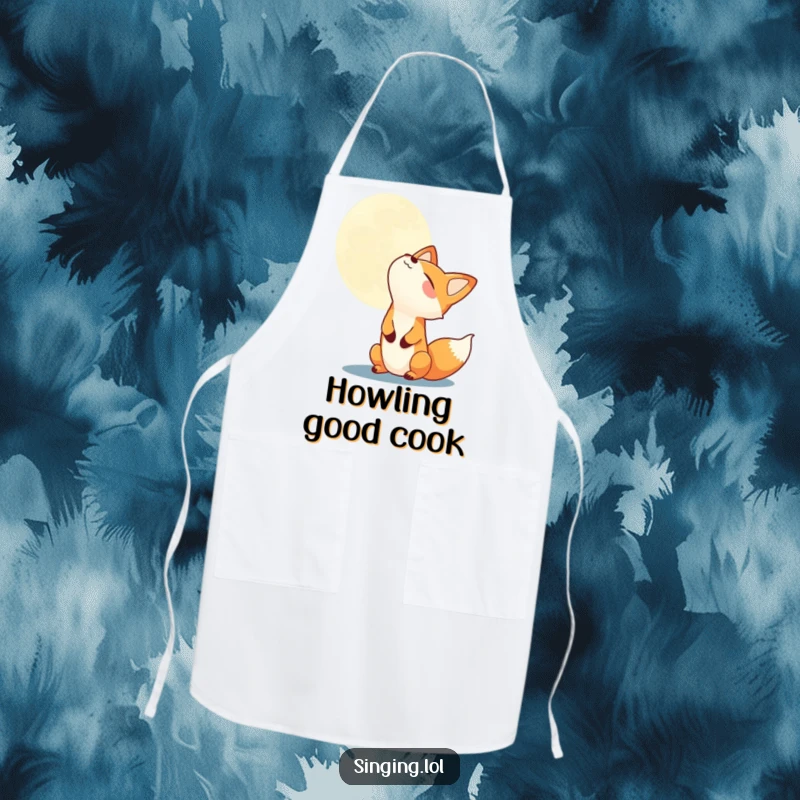 Funny fox character howling at the moon, printed on a practical kitchen apron, perfect for chefs who appreciate humor.