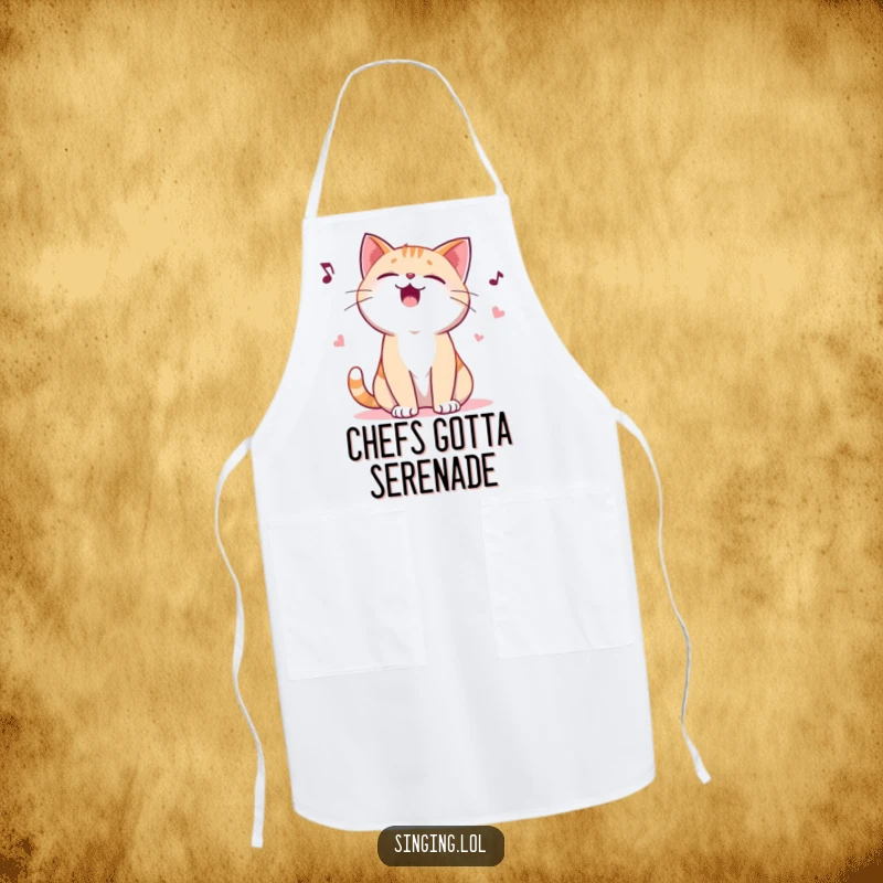 Funny apron with a giggling cat character yowling a playful ballad, adding humor to kitchen duties and protecting clothes with style.