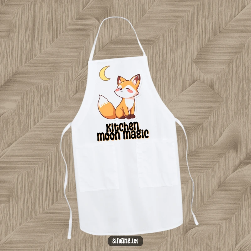 Funny kitchen apron featuring a playful fox character howling joyfully at a crescent moon, ideal for cooking.