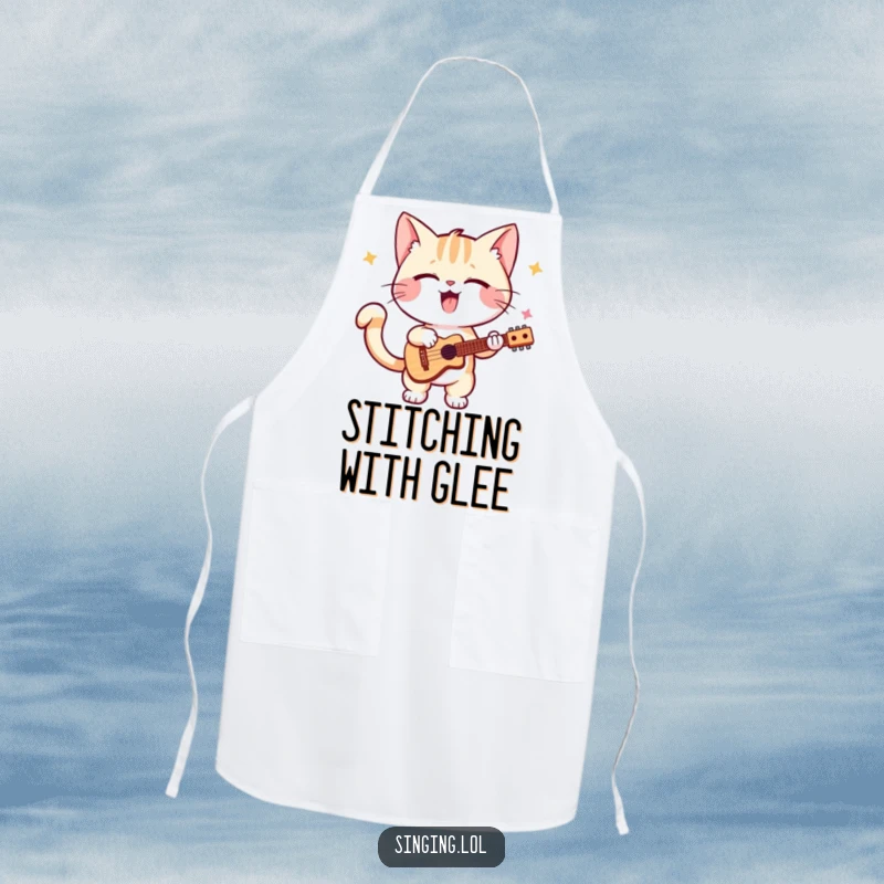 Funny kitten apron, a cute cat wearing an apron, performing a solo with its tail wagging, ready to cook up a hit.