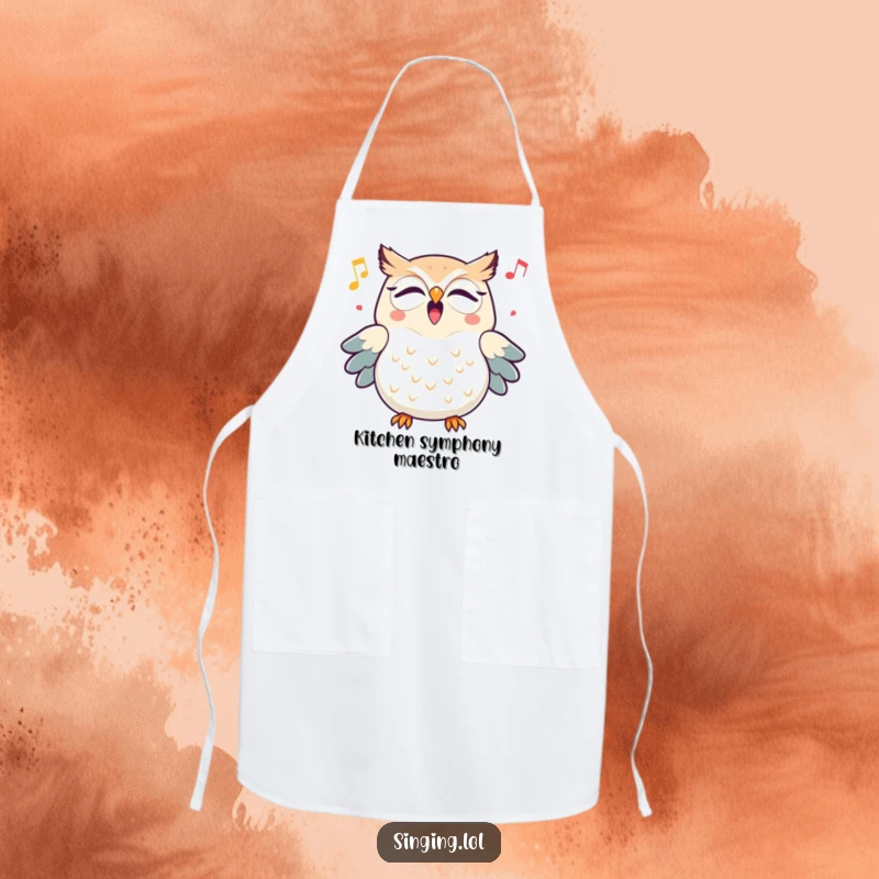 Funny triumphant owl character hooting a cheerful melody while cooking, featured on a protective and humorous apron.