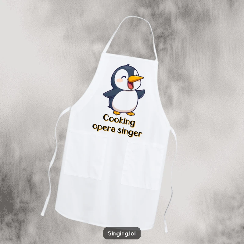 Funny apron featuring a playful penguin character giving a passionate ballad performance, adding humor to the kitchen.