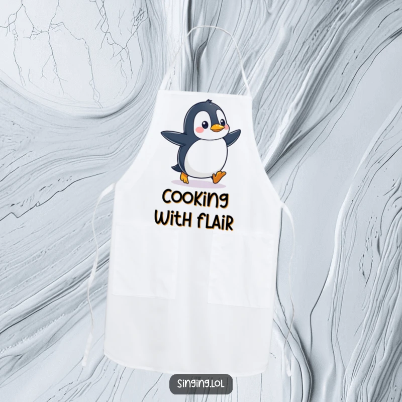 Funny waddling penguin character tapping its feet while cooking, printed on a durable apron for kitchen fun.