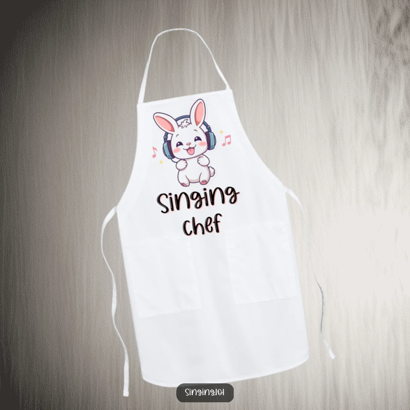Funny apron showing a rabbit wearing headphones, singing with joy while cooking, bringing musical fun to the kitchen.