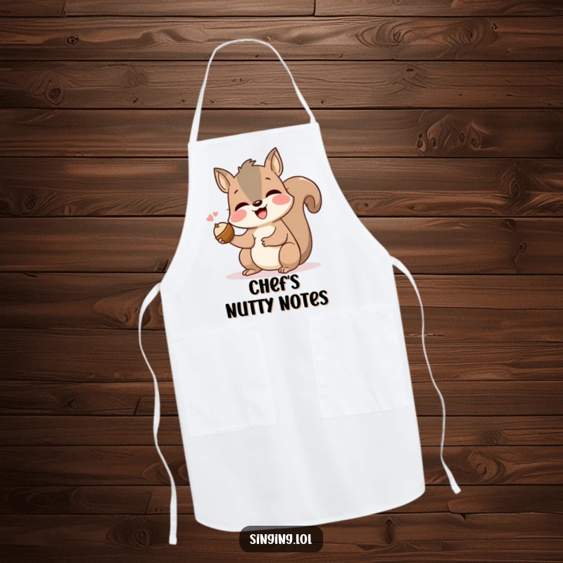 Funny squirrel apron showing a happy rodent singing heartily while holding a nut, ready for kitchen fun and culinary success.