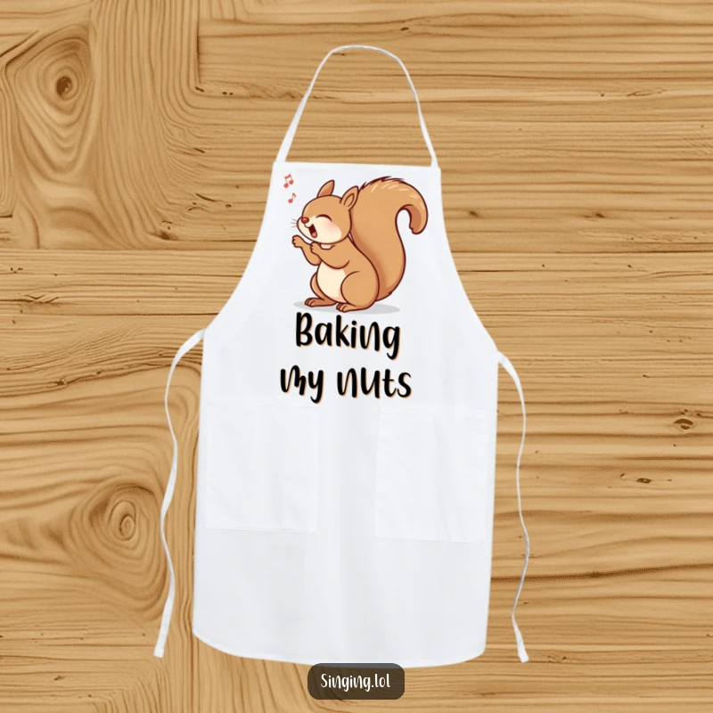 Funny apron showing a happy squirrel singing with its tail swinging rhythmically, designed for cheerful kitchen protection.