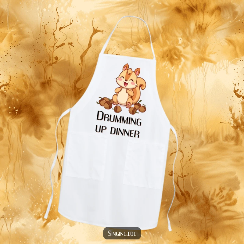 Funny squirrel drummer apron, a happy squirrel in mid-drum solo on acorns, ideal for cooks who love humor.