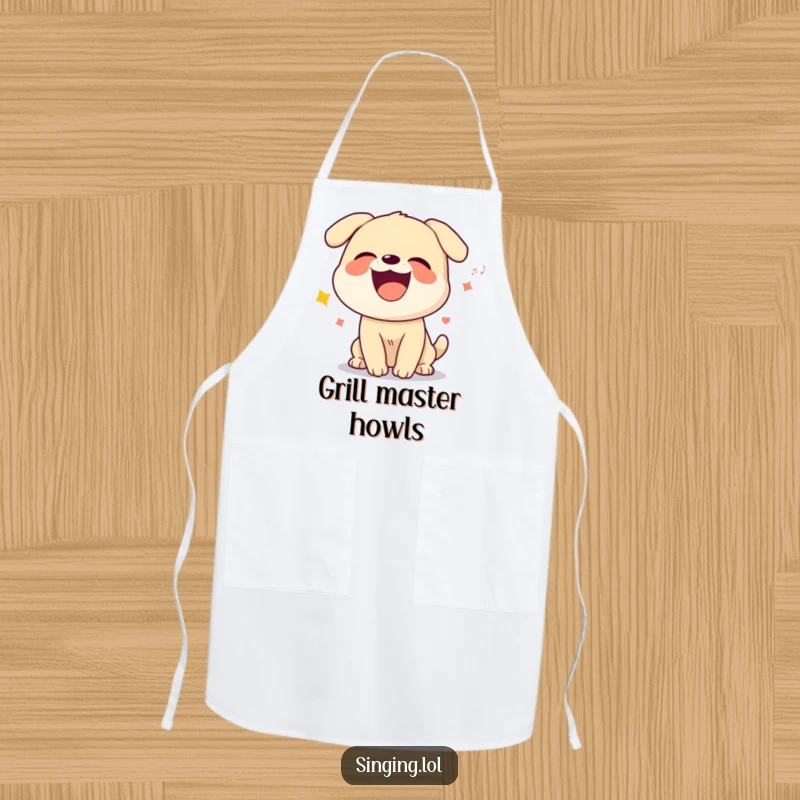 Funny apron showing a giggling dog character howling a silly song, a fun kitchen accessory for dog lovers.