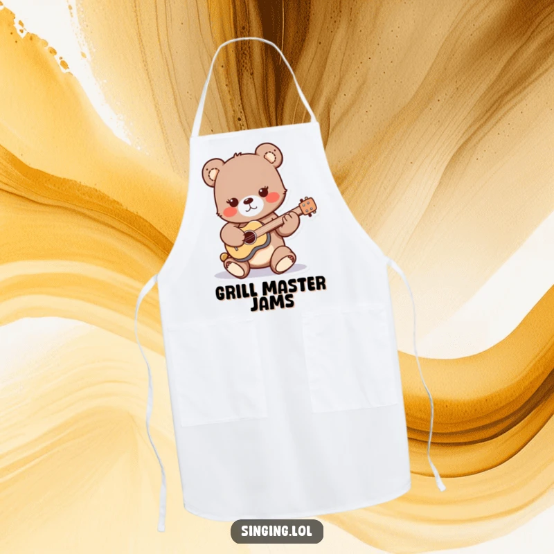Funny apron showcasing a playful bear cub character strumming a miniature guitar, perfect for adding musical humor to any cooking task.