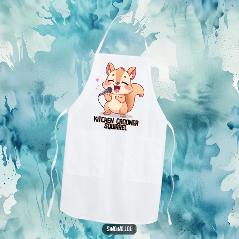 Funny squirrel apron with a giggling character holding a tiny microphone, singing loudly, perfect for kitchen performances.