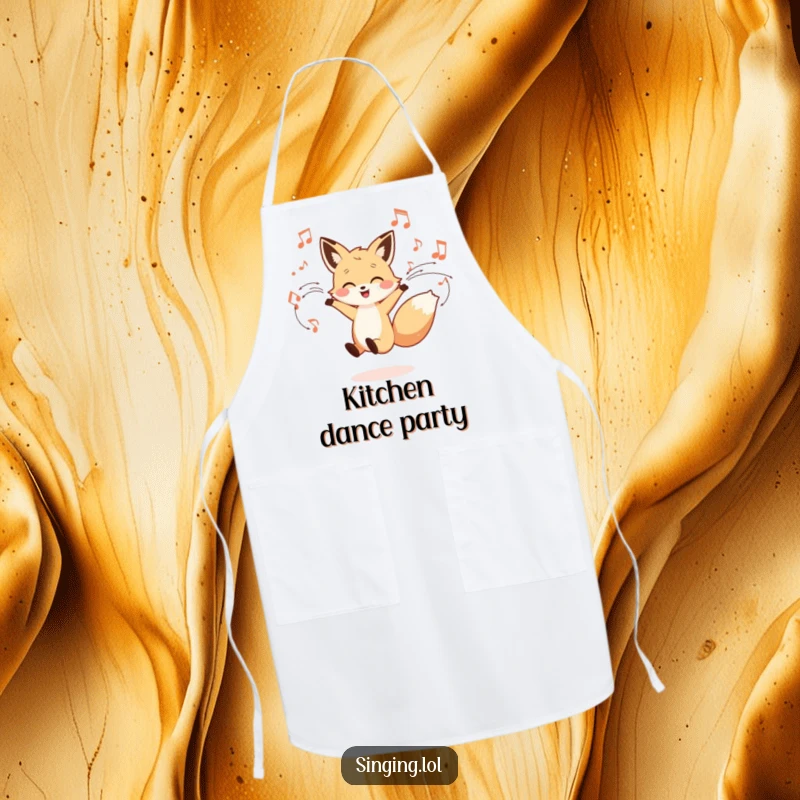 Funny apron showcasing a little fox character dancing joyfully with musical notes swirling, perfect for adding musical humor to any kitchen task.