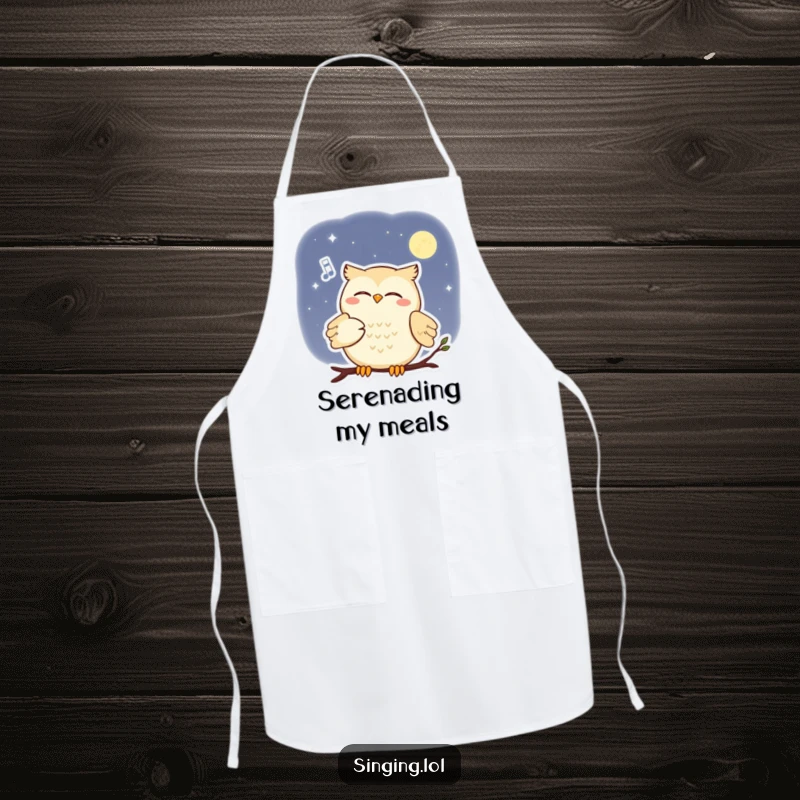 Funny apron featuring a smiling owl serenading the moon with a soft melody, ideal for whimsical cooking.