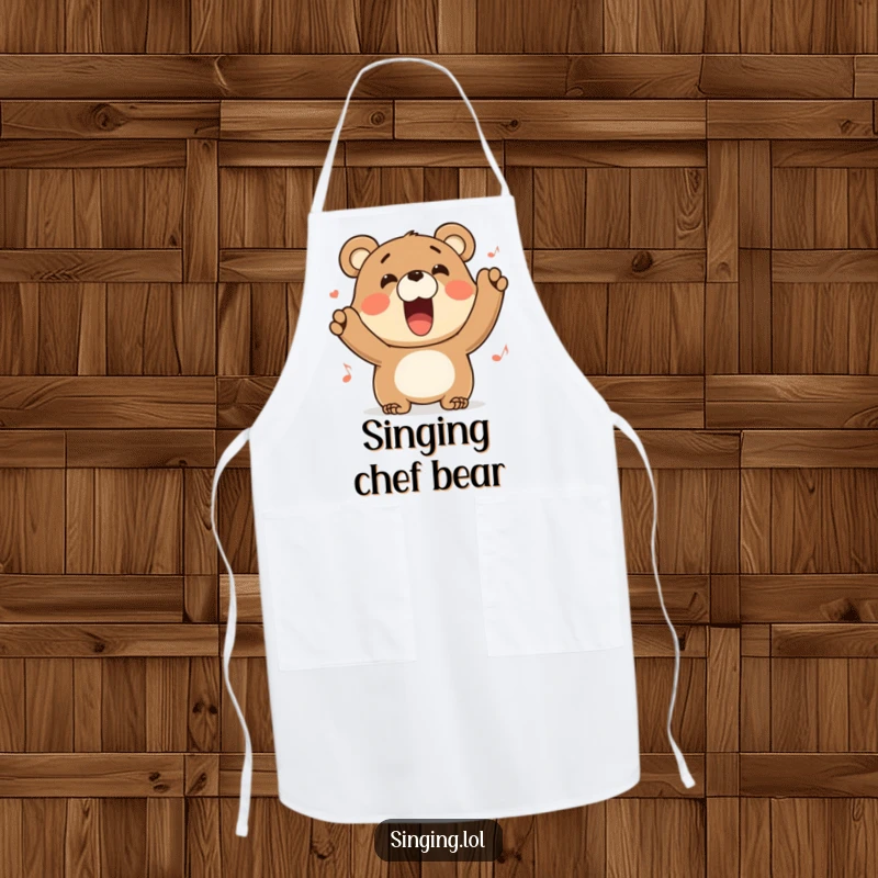 Funny bear apron featuring a character belting out a tune with a wide grin, ideal for adding humor to cooking.
