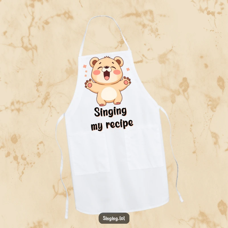 Funny Bear Cub Singer Apron: A giggling bear cub sings with paws spread wide, a humorous and practical kitchen accessory.