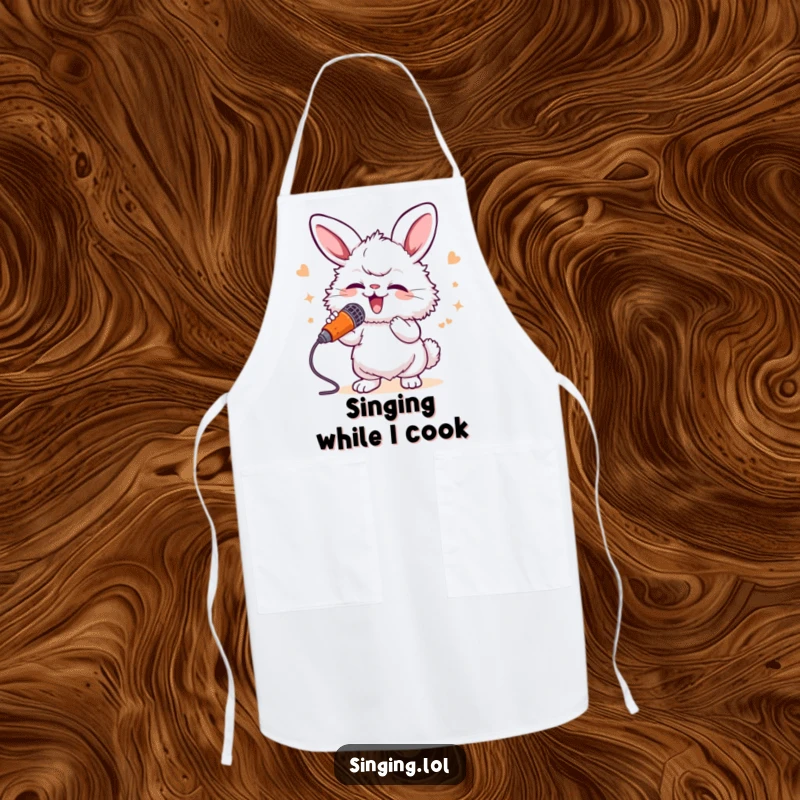 Funny Bunny Singer Apron: A fluffy bunny sings into a carrot mic, a humorous and practical kitchen accessory for music lovers.