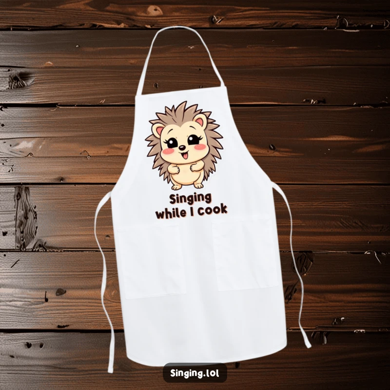 Funny wobbly hedgehog character hitting a high note while cooking, featured on a protective and humorous apron.
