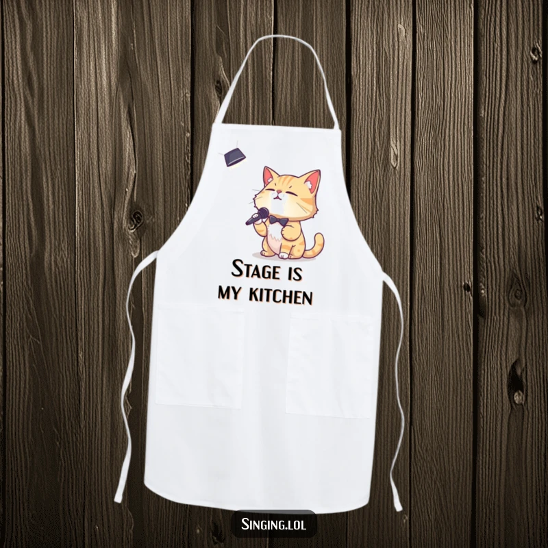 Funny apron showcasing a debonair cat character crooning into a spotlight, perfect for adding humor to kitchen performances.
