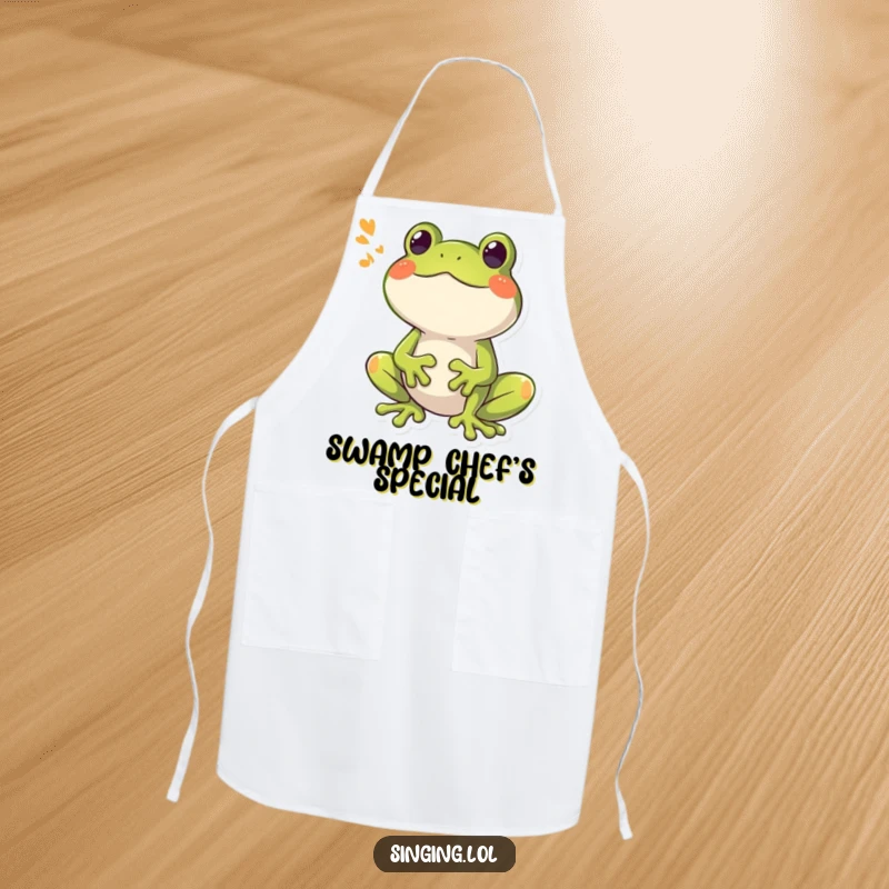 Funny Frog Croaking Apron, a happy frog character croaking a booming song, designed for playful cooking protection.