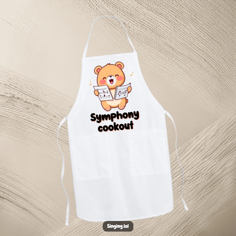 Funny apron with a happy bear character harmonizing from sheet music, ideal for musical cooking adventures.