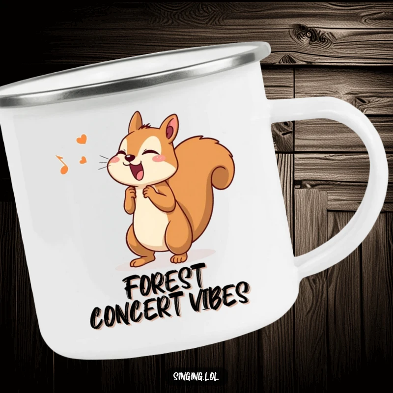 Funny camping mug with a determined squirrel singing joyfully, its tail wagging, perfect for campfire songs.