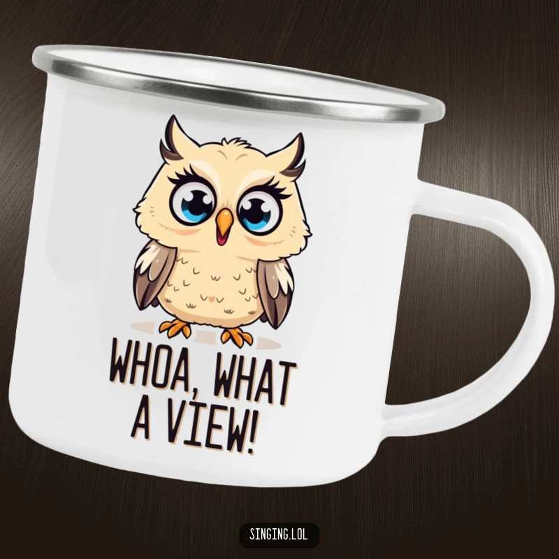 Funny Camping Mug with a surprised owl character hooting a high note with wide eyes, perfect for enjoying drinks outdoors.