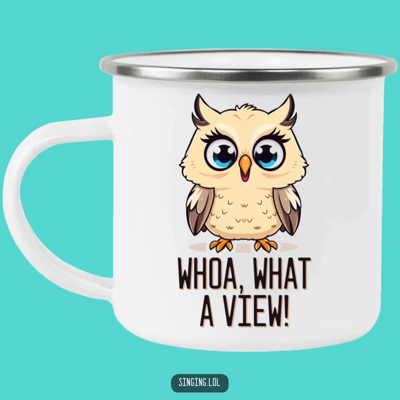 Adventure-Ready Funny Surprised Owl Camping Mug: Wide-Eyed Campfire Companion