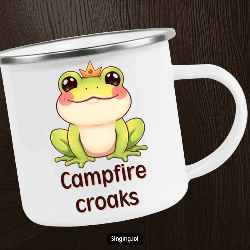 Funny Frog Prince camping mug with a giggling frog prince character croaking a happy tune, ready for campfire stories and laughter.