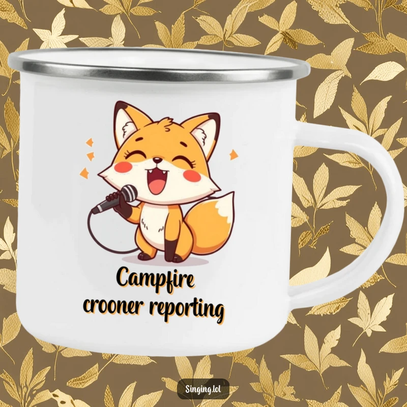 Funny Camping Mug with a cheerful fox character belting out a tune into a microphone, ready for outdoor performances.
