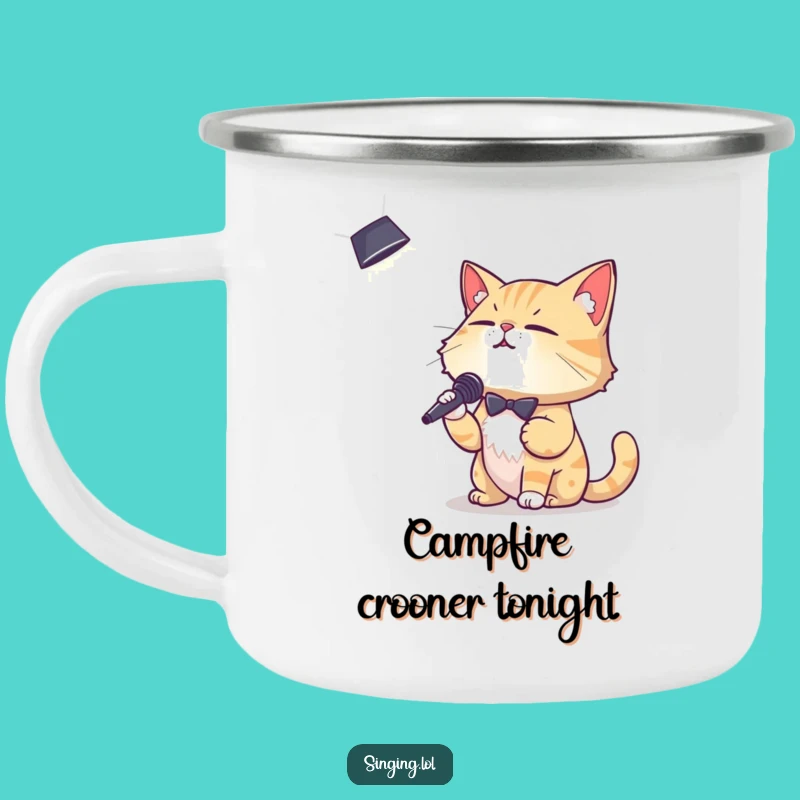 Funny Crooning Cat Camping Mug: Durable and Hilarious Enamel Mug for Outdoor Performances