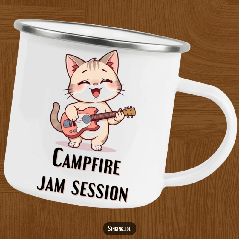Funny cat giggling with a guitar on a rugged camping mug, great for outdoor use.