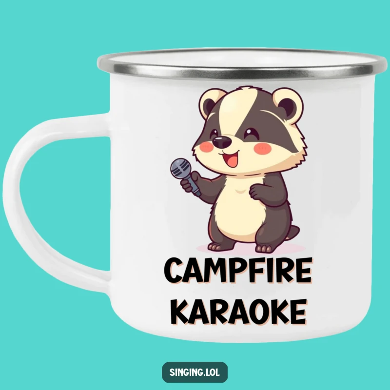 Funny Giggle Badger Microphone Camping Mug: Enamel Cup, Hilarious Outdoor Funny Gift