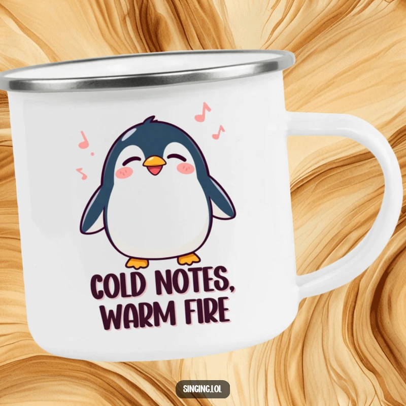 Funny Penguin Singing Camping Mug, a delighted penguin waddling and singing with eyes closed, ideal for outdoor adventures.
