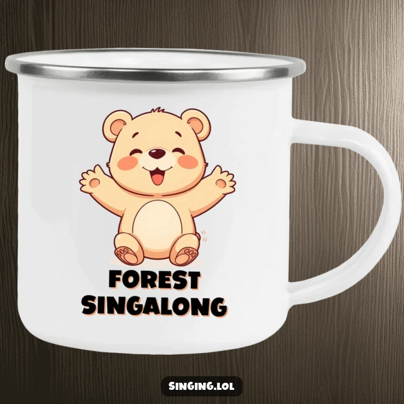 Funny happy bear cub character with open arms, joining a chorus, designed for outdoor use on a humorous and durable camping mug.