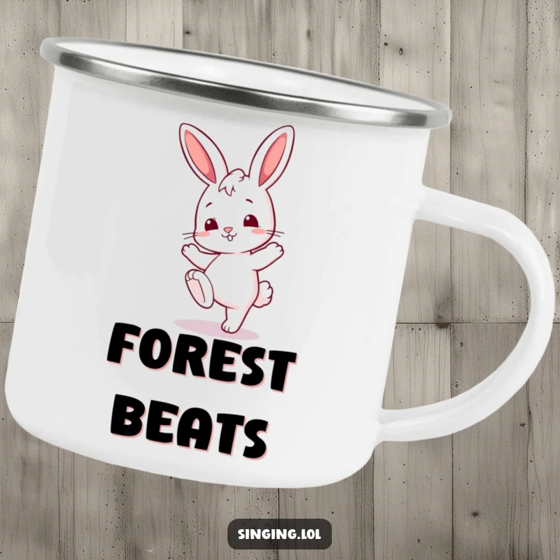Funny camping mug featuring a curious bunny tapping its foot, perfect for outdoor musical moments.