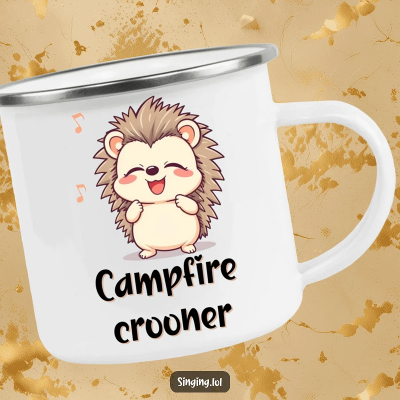 Funny smiling hedgehog character with closed eyes, singing, designed for outdoor use on a humorous and durable camping mug.