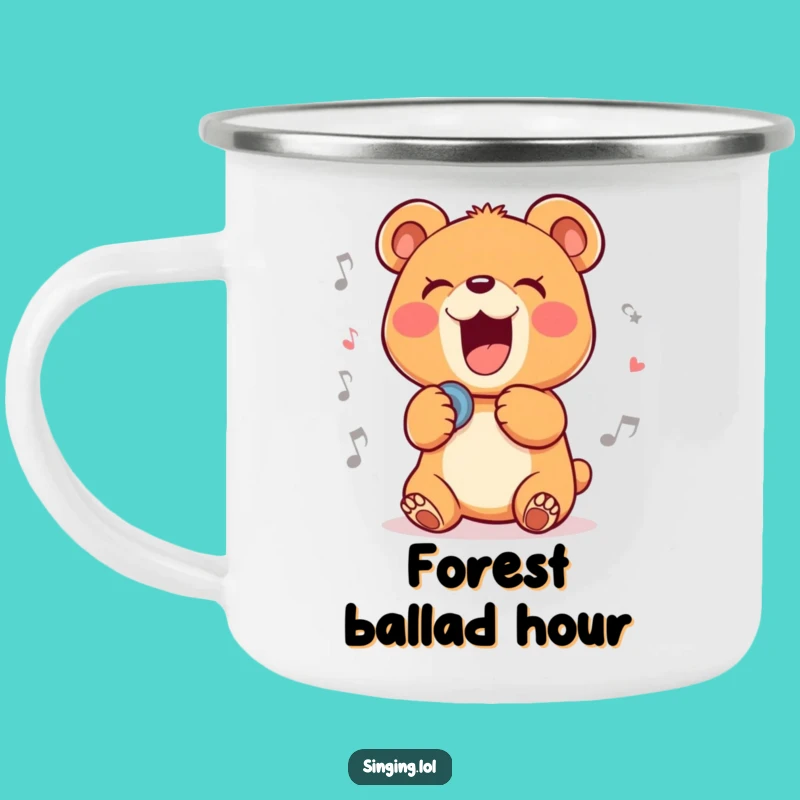 Funny Singing Bear Cub Camping Mug: Durable and Hilarious Enamel Mug for Outdoor Serenades