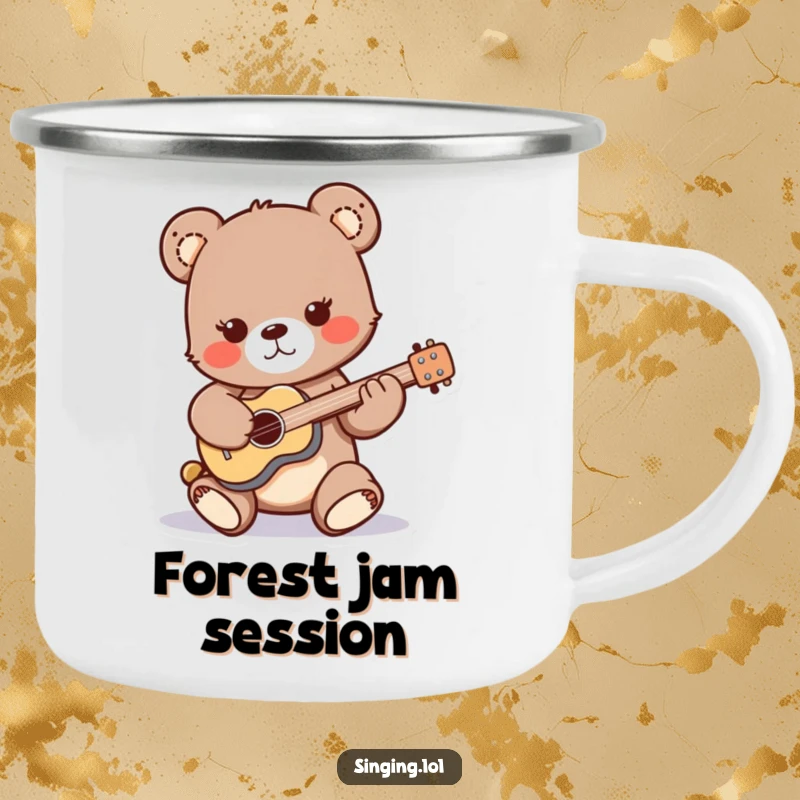 Funny camping mug featuring a playful bear cub character strumming a miniature guitar, perfect for outdoor adventures and campfire tunes.