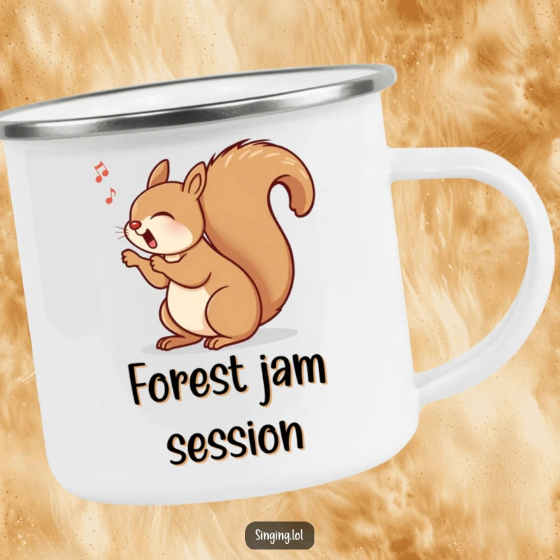 Funny camping mug with a happy squirrel singing with its tail swinging rhythmically, perfect for outdoor fun.